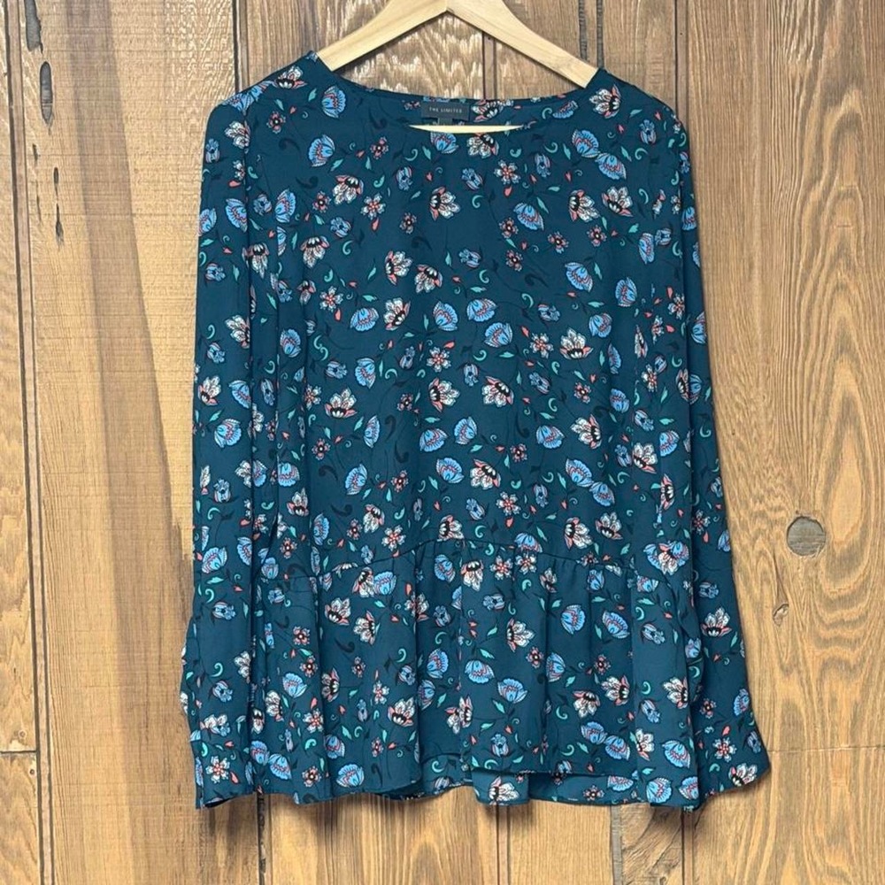 The Limited emerald green floral blousewith small white and red flowers, size L'